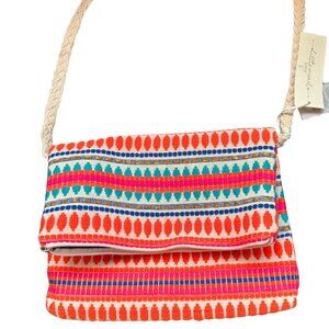 LITTLE MARCEL Shoulder Foldover Bag Multi Stripe Rainbow Color Orange Pink Teal+